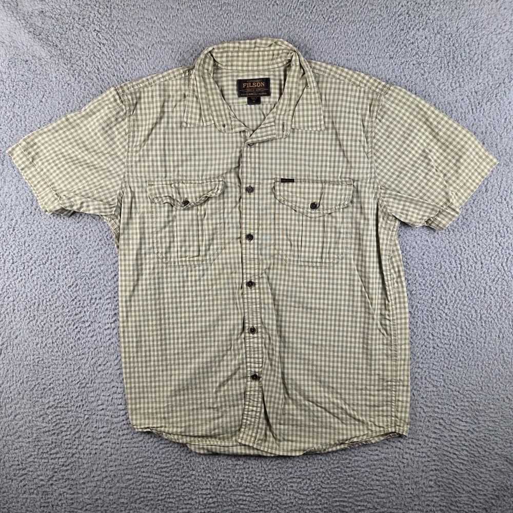 Filson Washed Short Sleeve Feather Cloth Shirt Mens Medium Green Check